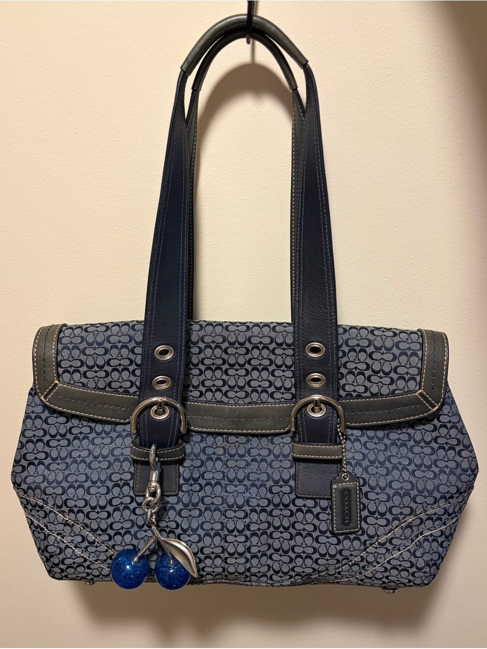 Vintage Coach Soho Signature Flap Satchel in navy blue